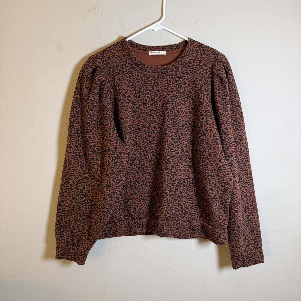 Marine Layer Brown Leopard Print Puff Shoulder Sweatshirt‎ Womens Large RN140892